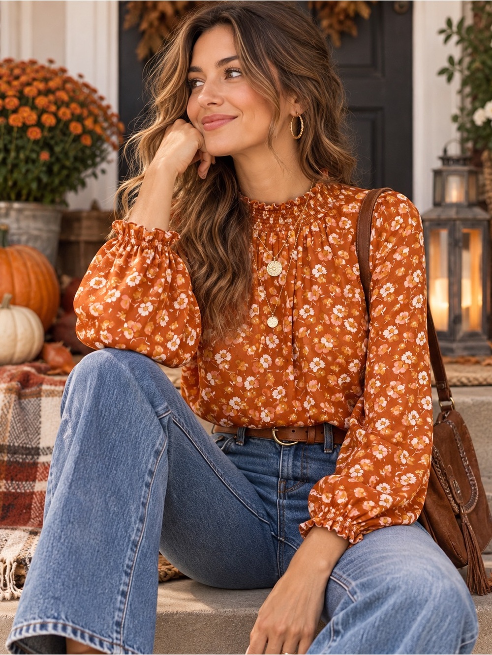 Crew Rust Orange Floral Smocked Neck Blouse Medium Boho Cottagecore